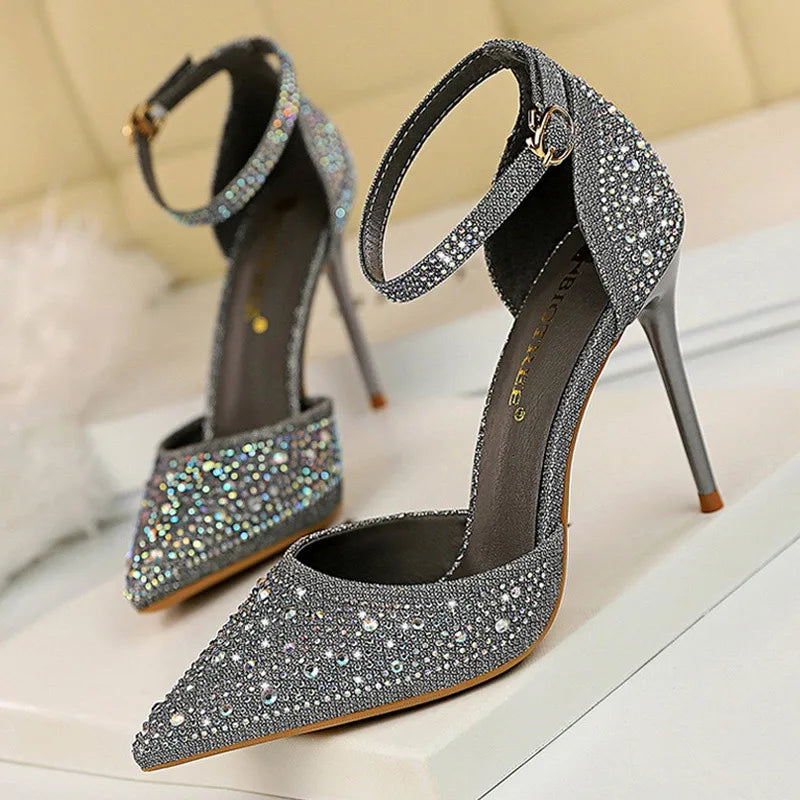 Rhinestone embellished stiletto high heels in an elegant party silhouette