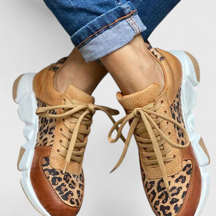 Leopard print lace-up sneakers with cushioned soles for women