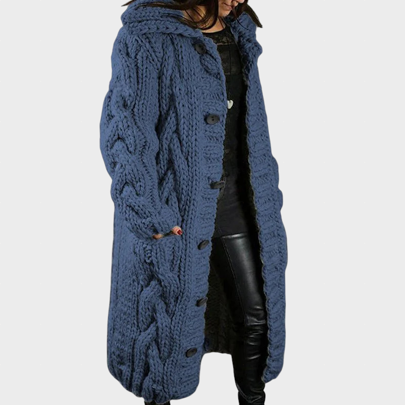 Karina oversized cable knit longline hooded coat shown in a soft neutral shade
