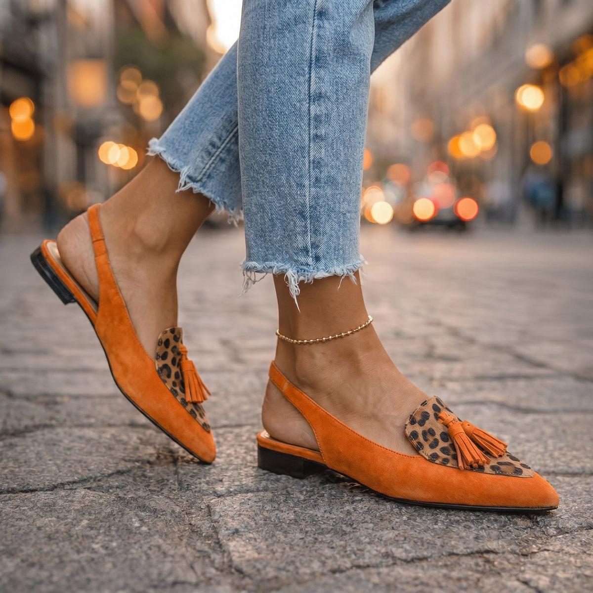 Handmade flat sandals with straps, tassels and suede-effect finish in a vibrant colour combination