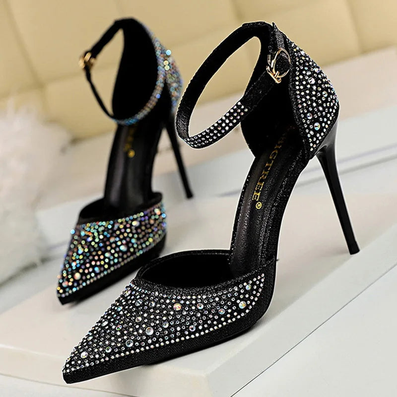 Rhinestone embellished stiletto high heels in an elegant party silhouette