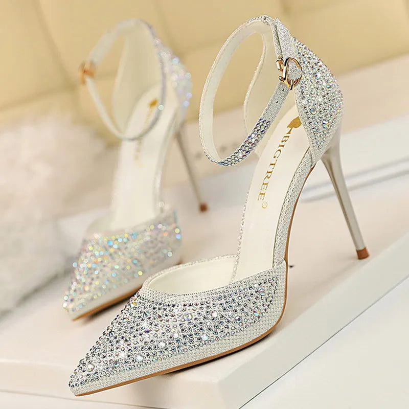 Rhinestone embellished stiletto high heels in an elegant party silhouette