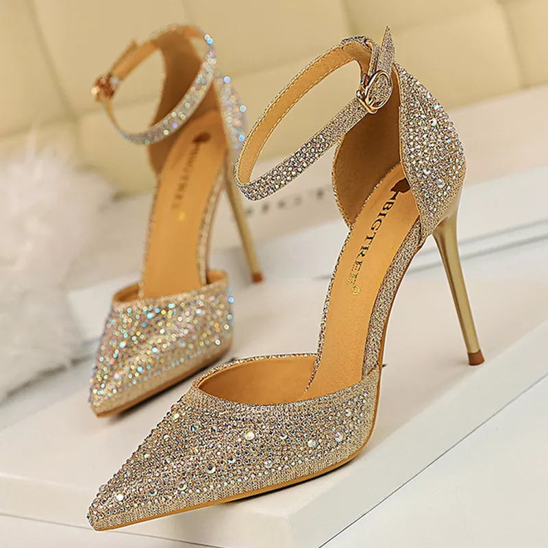 Rhinestone embellished stiletto high heels in an elegant party silhouette