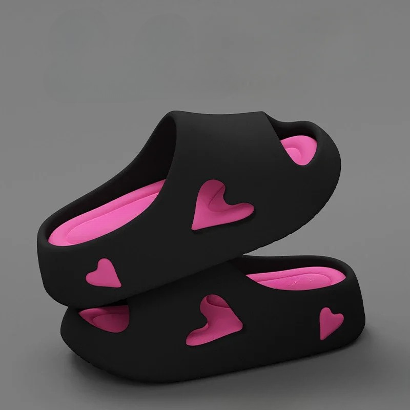 Heart-detail cushioned platform slides shown in purple, khaki, black and white