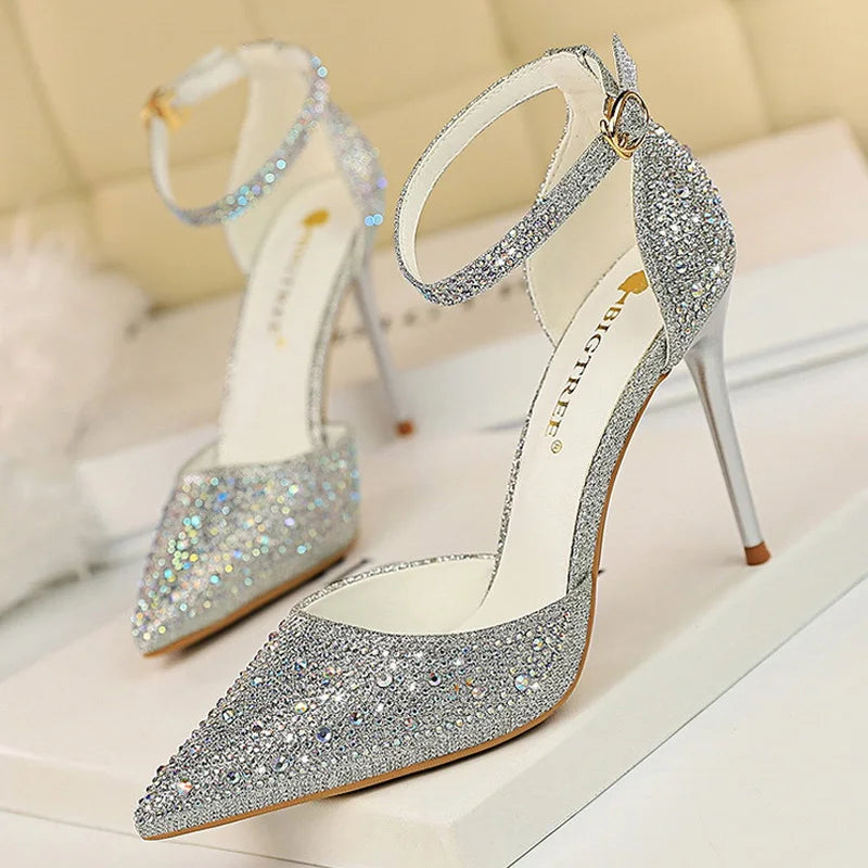 Rhinestone embellished stiletto high heels in an elegant party silhouette