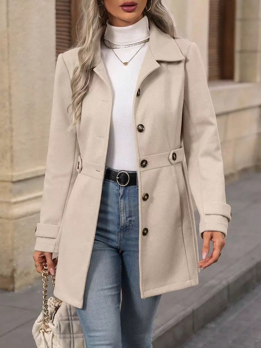 Elara timeless belted coat with waist belt and button closure, shown in beige