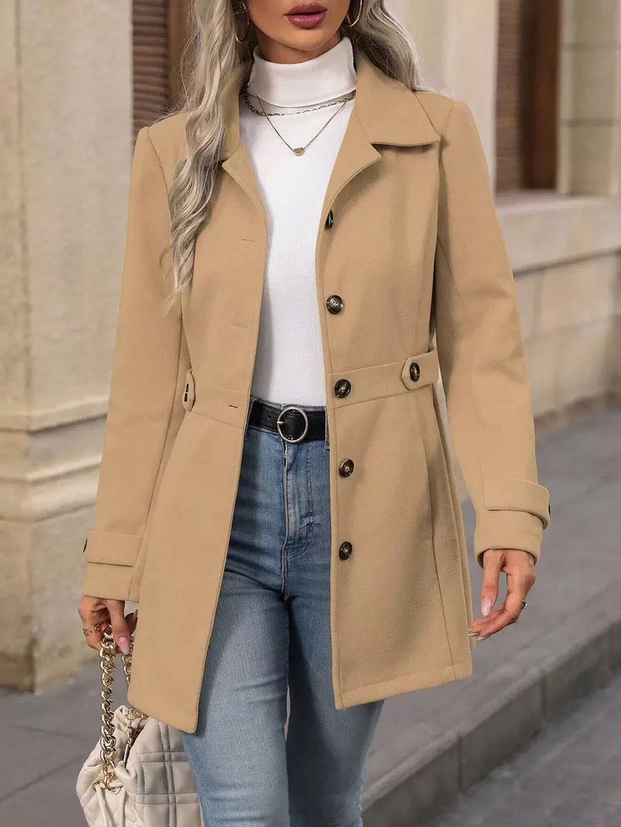 Elara timeless belted coat with waist belt and button closure, shown in beige