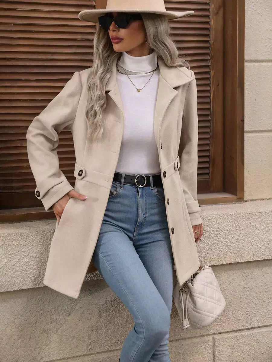Elara timeless belted coat with waist belt and button closure, shown in beige