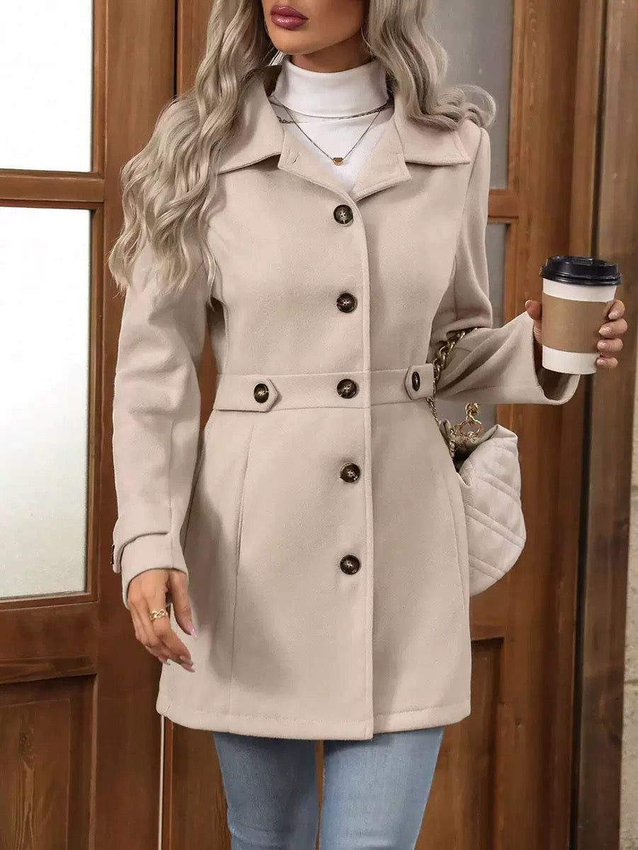 Elara timeless belted coat with waist belt and button closure, shown in beige