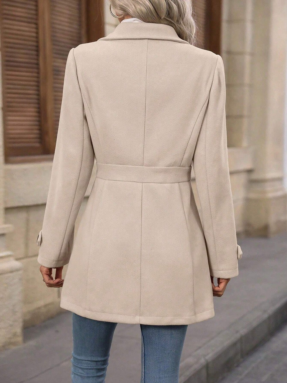 Elara timeless belted coat with waist belt and button closure, shown in beige
