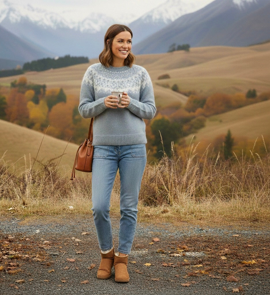 Oceanic blue Nordic knit jumper with geometric pattern and ribbed cuffs