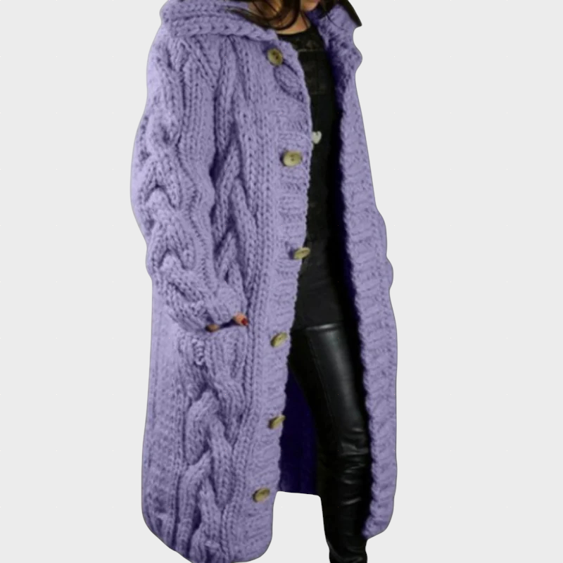 Karina oversized cable knit longline hooded coat shown in a soft neutral shade