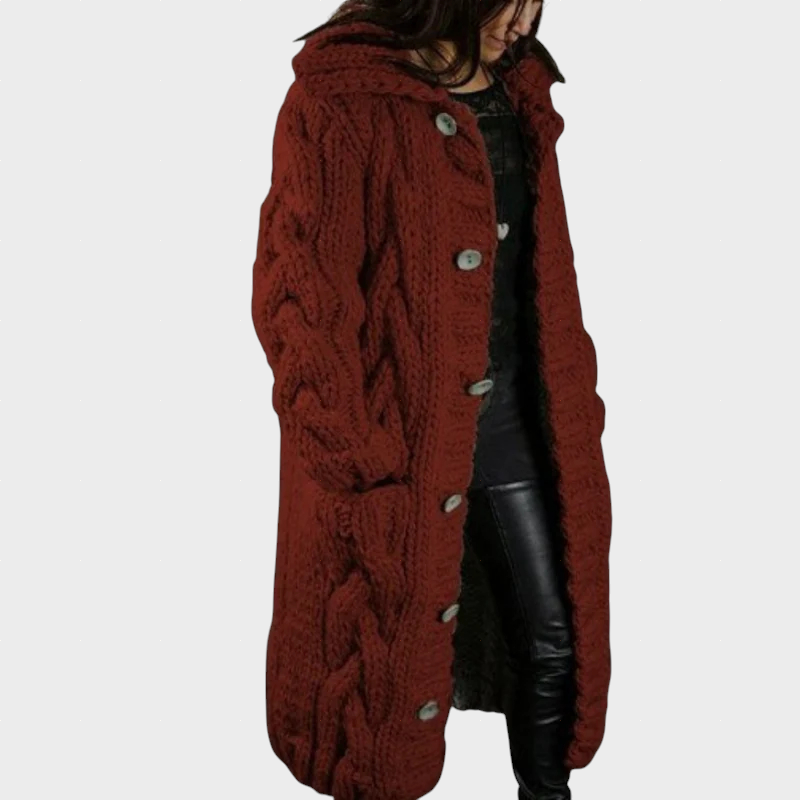Karina oversized cable knit longline hooded coat shown in a soft neutral shade