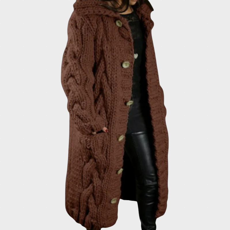 Karina oversized cable knit longline hooded coat shown in a soft neutral shade