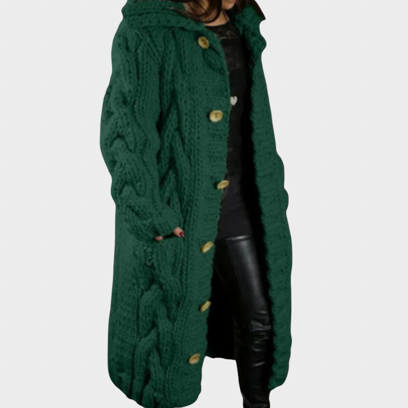 Karina oversized cable knit longline hooded coat shown in a soft neutral shade