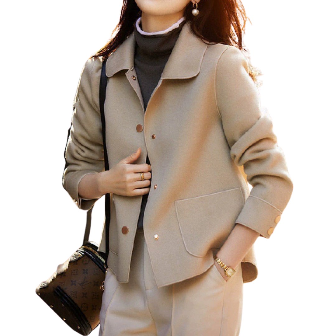 Dorothea tailored wool pea coat shown in khaki, coffee brown and black