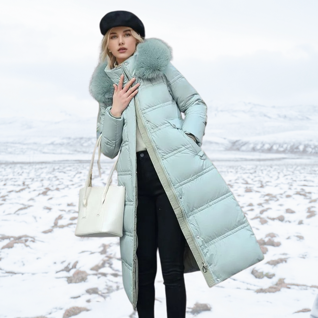 Lucia tailored parka with fur-trimmed hood, shown in multiple colours