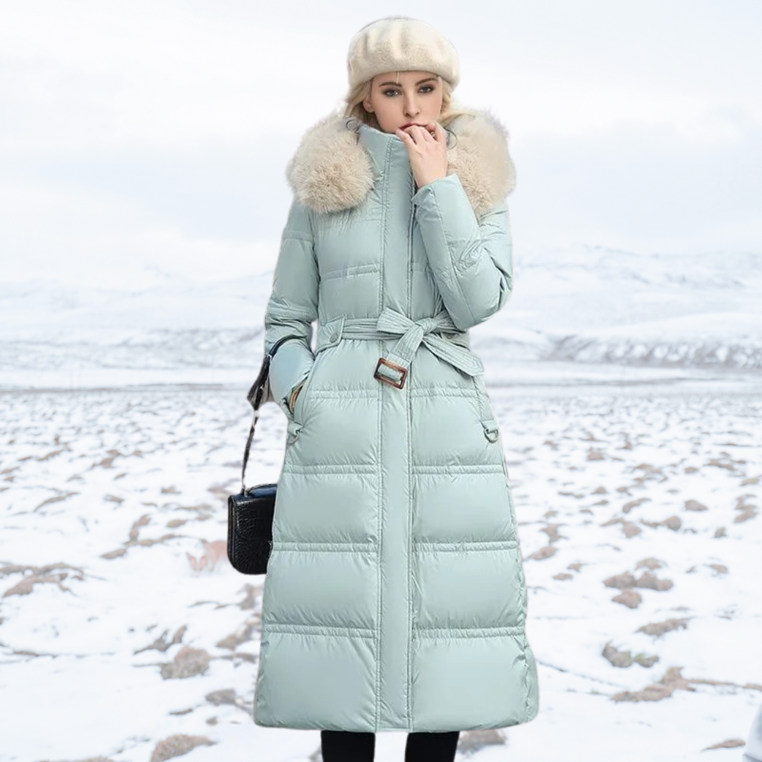 Lucia tailored parka with fur-trimmed hood, shown in multiple colours