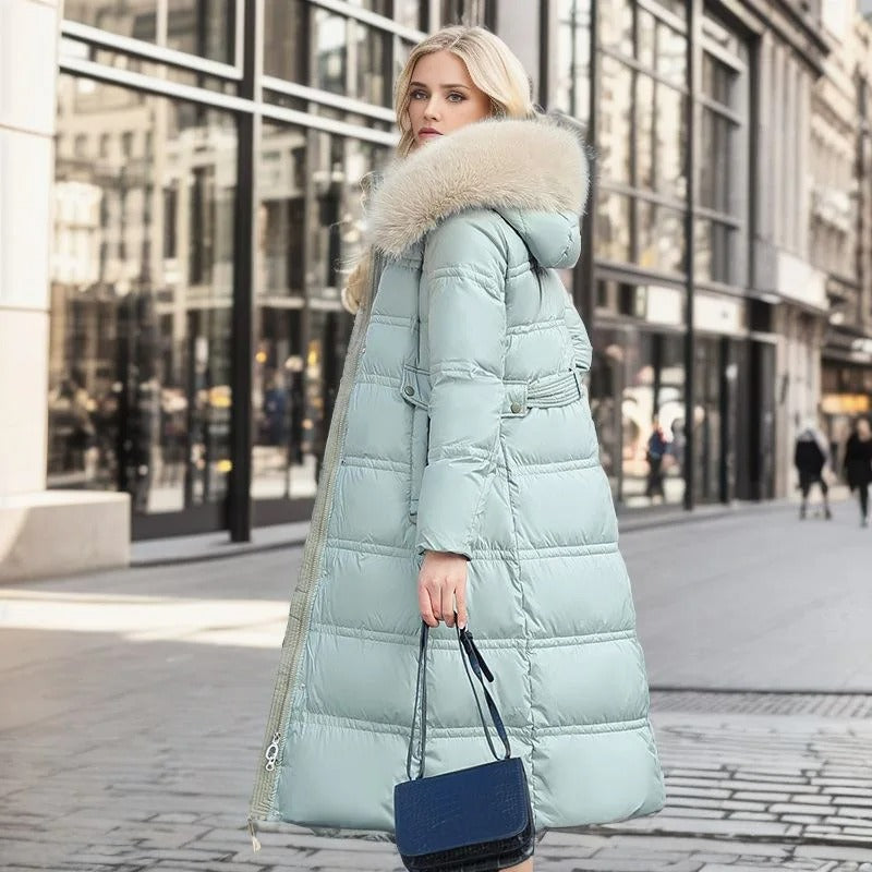 Lucia tailored parka with fur-trimmed hood, shown in multiple colours