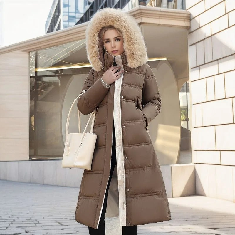 Lucia tailored parka with fur-trimmed hood, shown in multiple colours