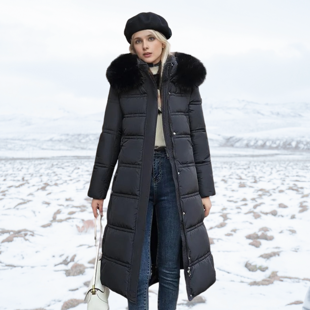 Lucia tailored parka with fur-trimmed hood, shown in multiple colours