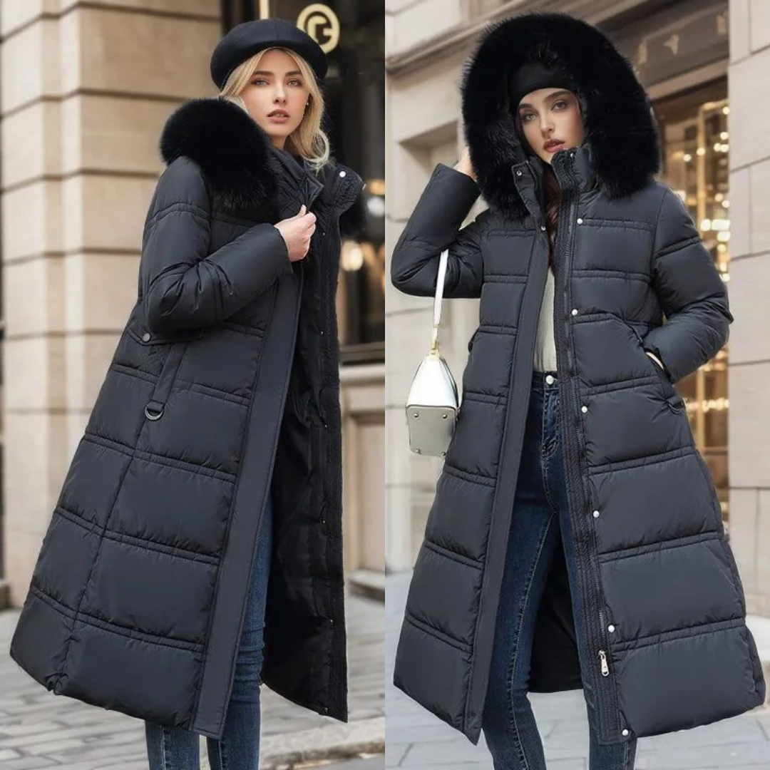 Lucia tailored parka with fur-trimmed hood, shown in multiple colours