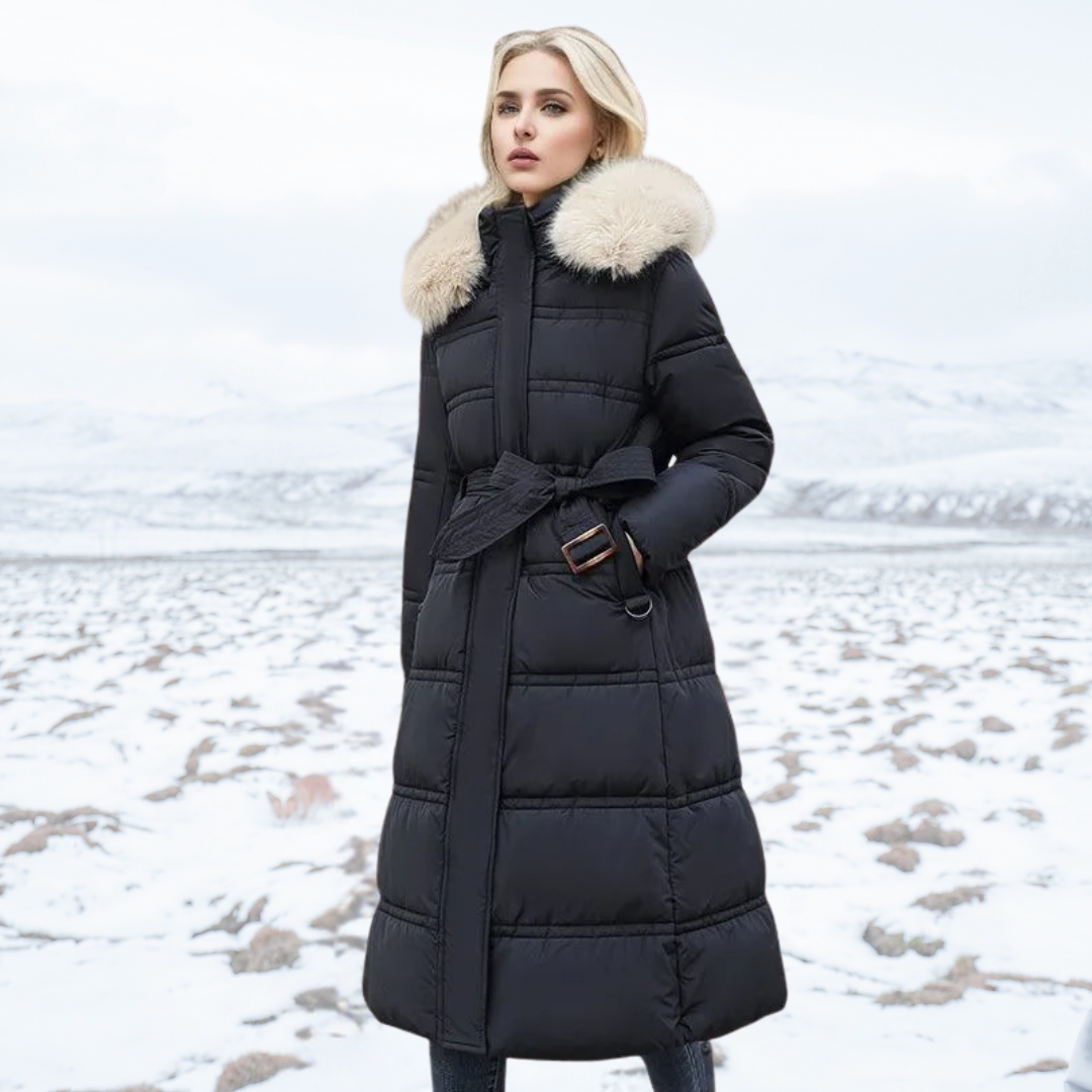 Lucia tailored parka with fur-trimmed hood, shown in multiple colours