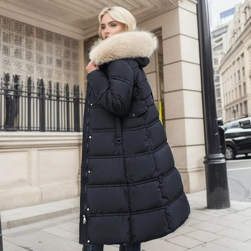 Lucia tailored parka with fur-trimmed hood, shown in multiple colours