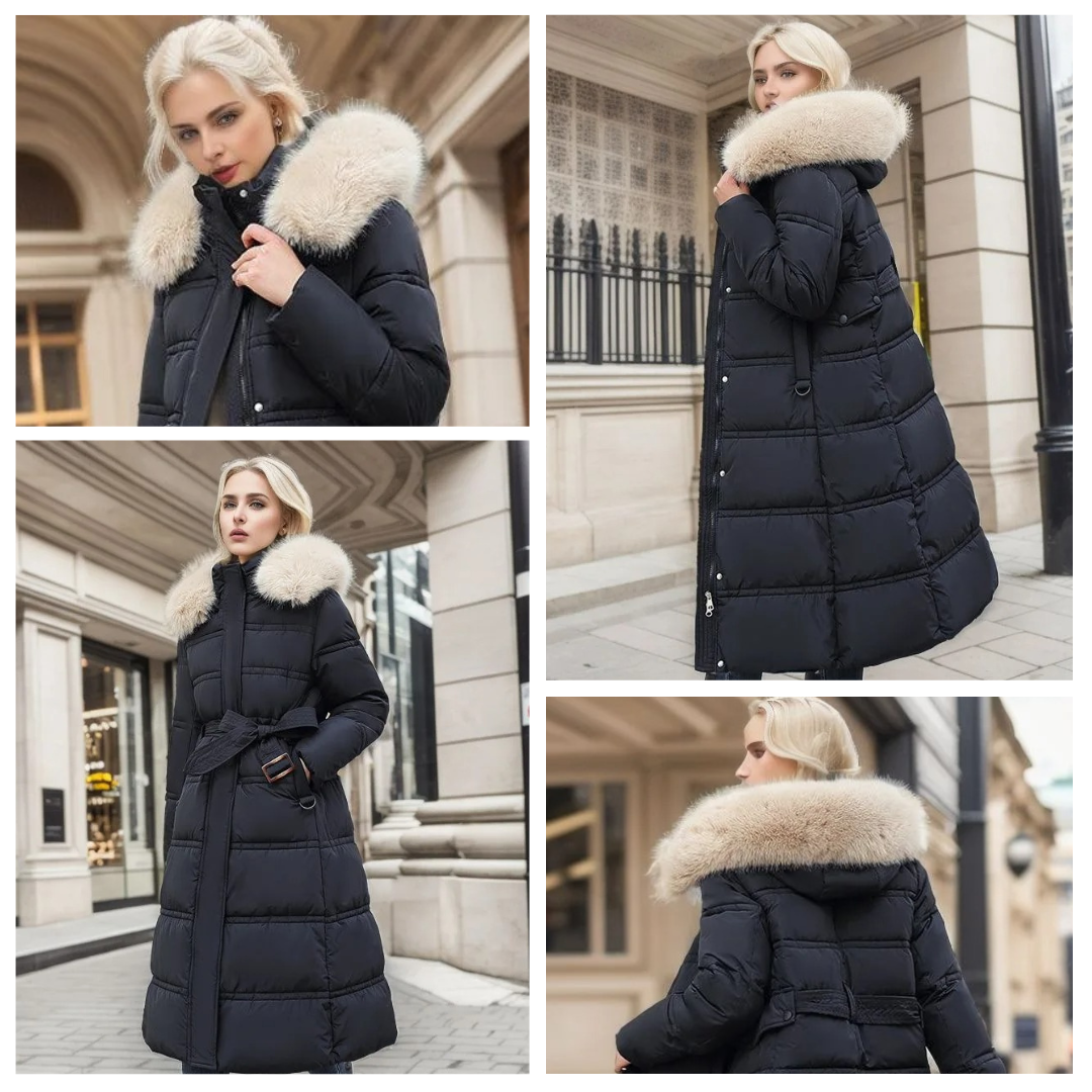 Lucia tailored parka with fur-trimmed hood, shown in multiple colours
