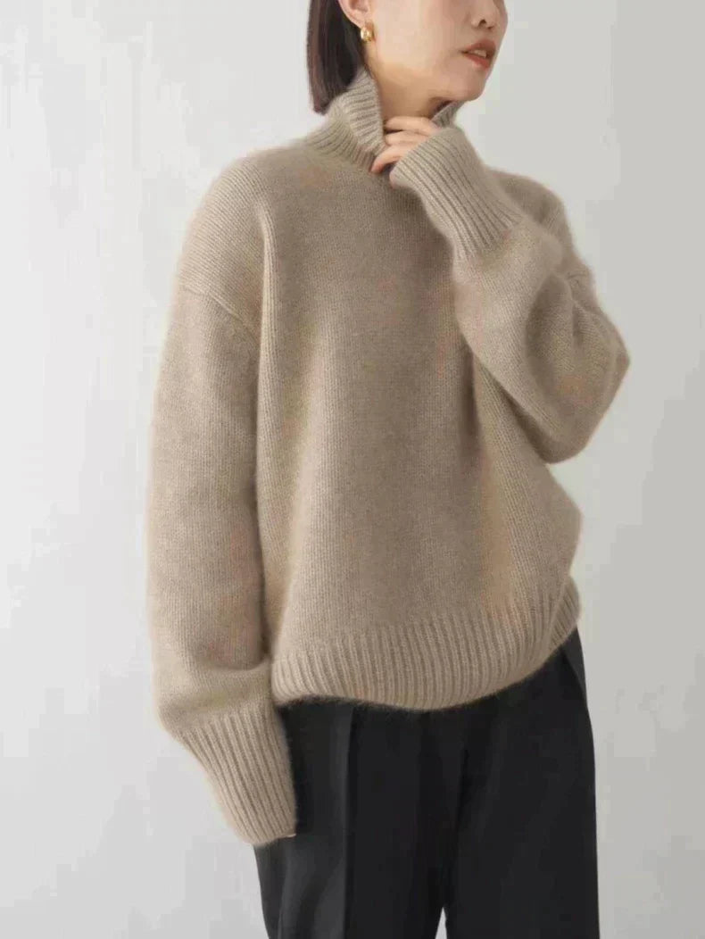 Isabella high collar cashmere jumper in beige, grey and khaki