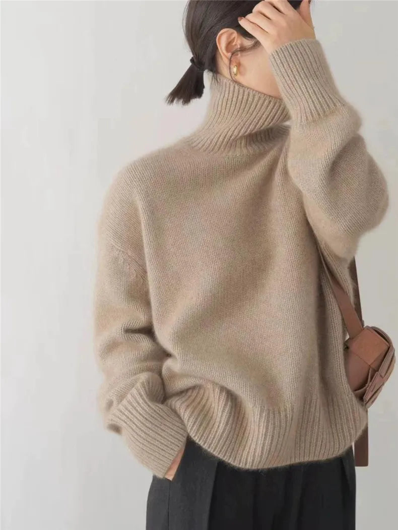 Isabella high collar cashmere jumper in beige, grey and khaki