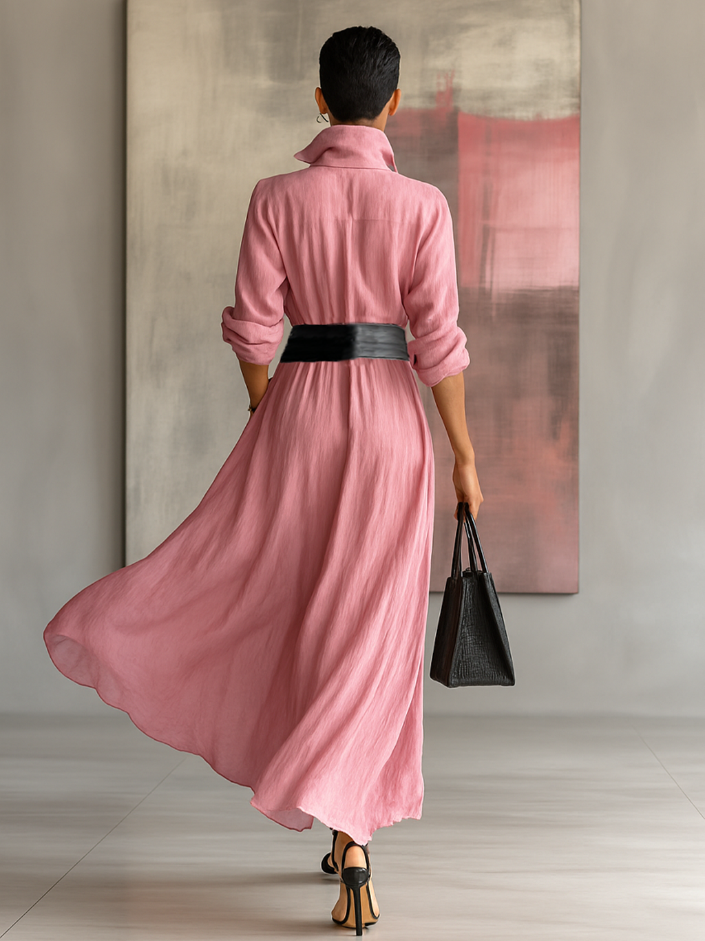 Tilda pink solid colour long dress with a lapel detail and flattering silhouette