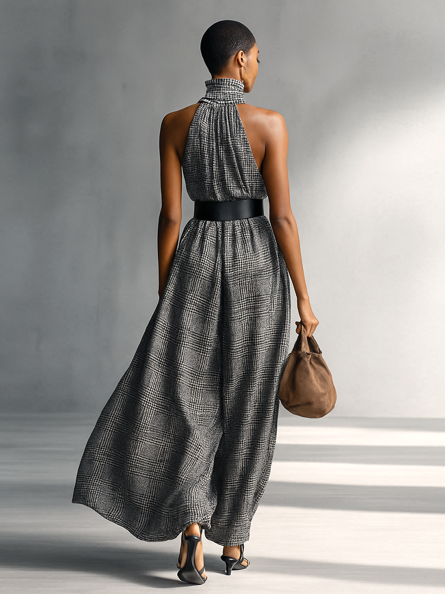 Gray plaid high collar sleeveless top for women, styled for warm-weather days