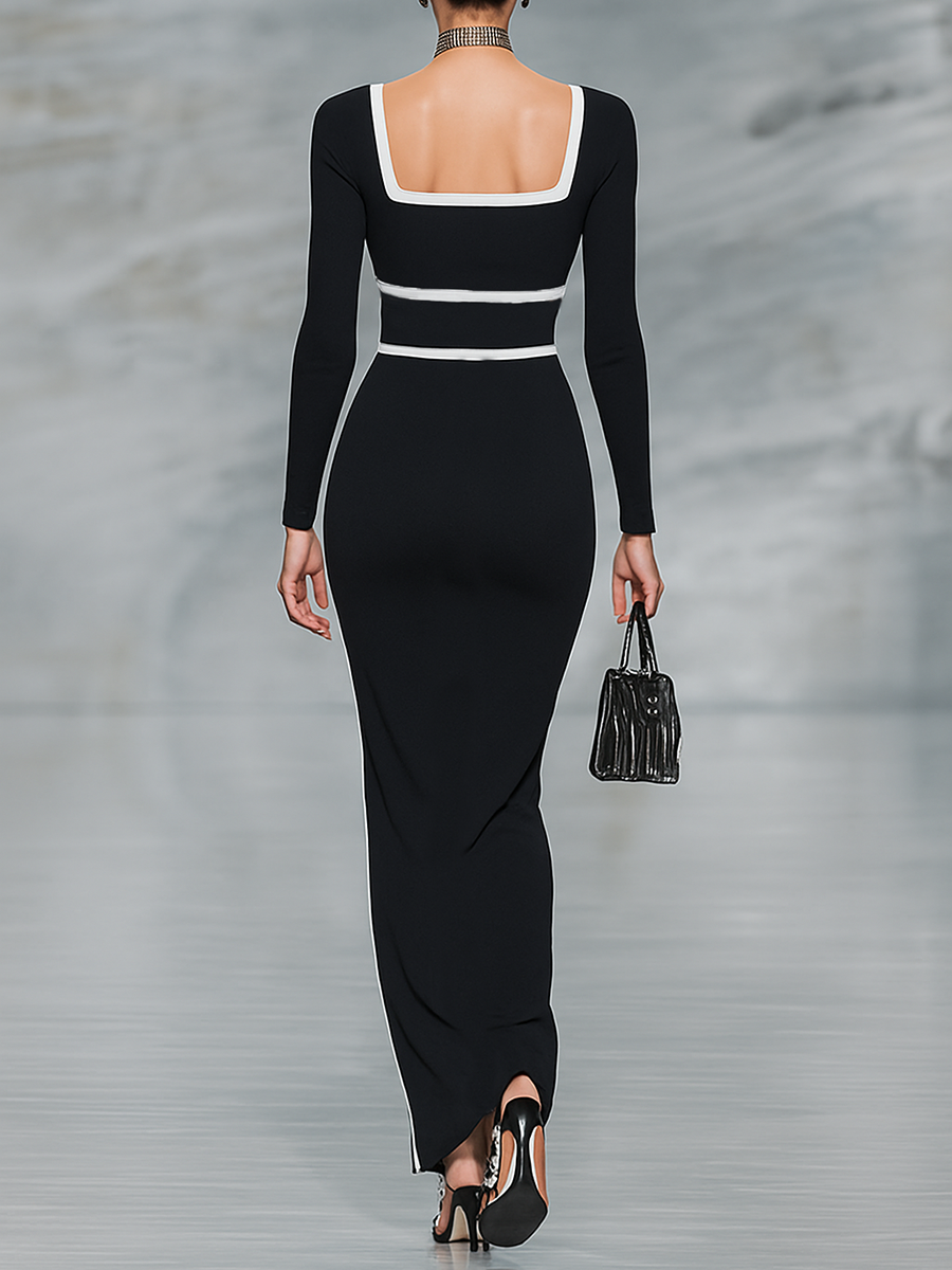 Violet black dress with white trim and square neckline