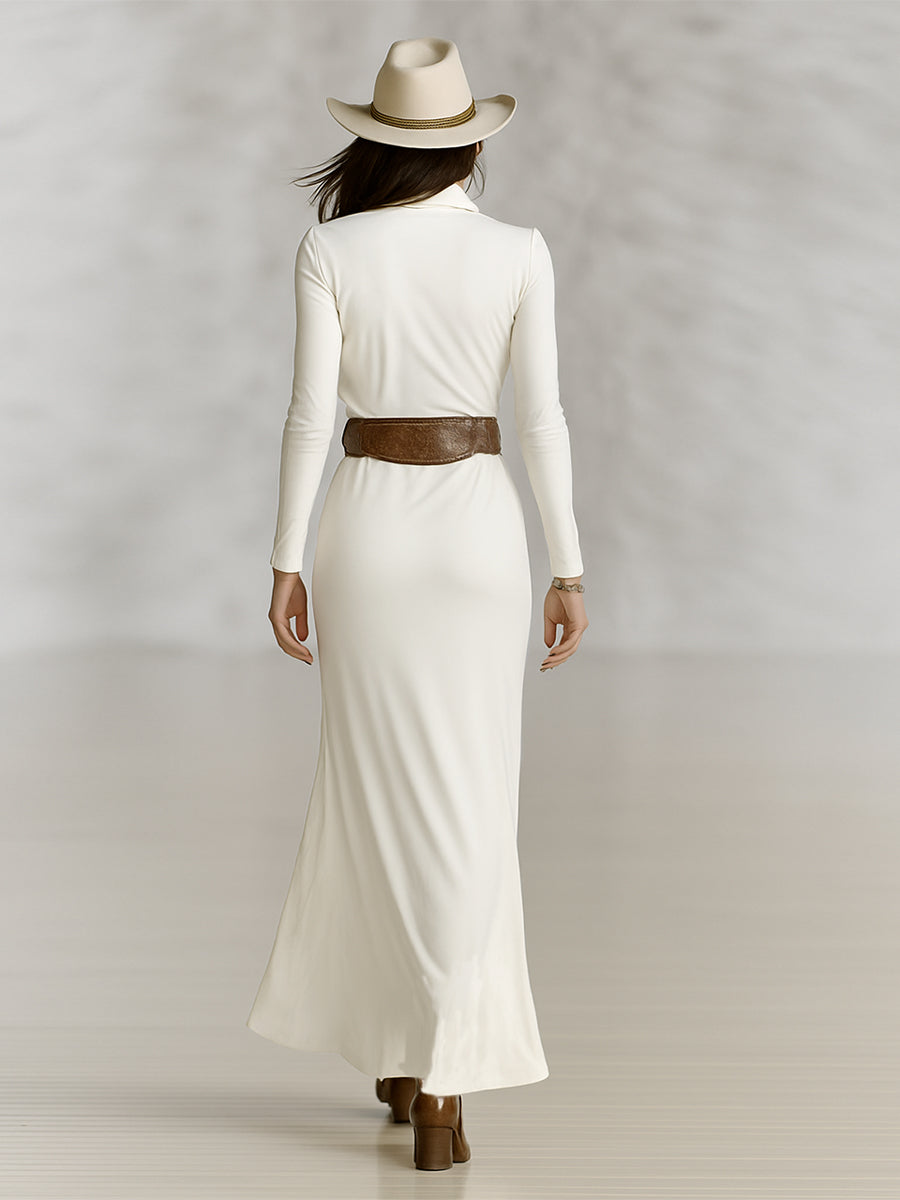 White Vera dress with lapel collar, long sleeves and waist-tie detail