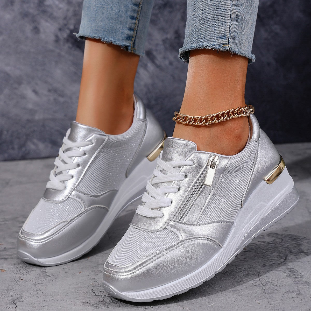Metallic hidden wedge lace-up sneakers with side zipper in silver, gold and pink