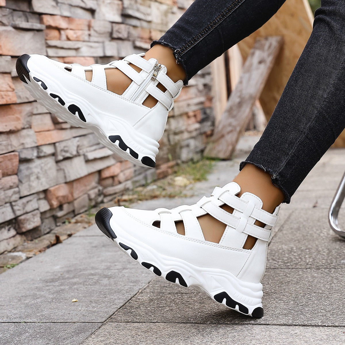 Jade sneaker-inspired closed-toe platform sandals with cushioned sole and zip closure