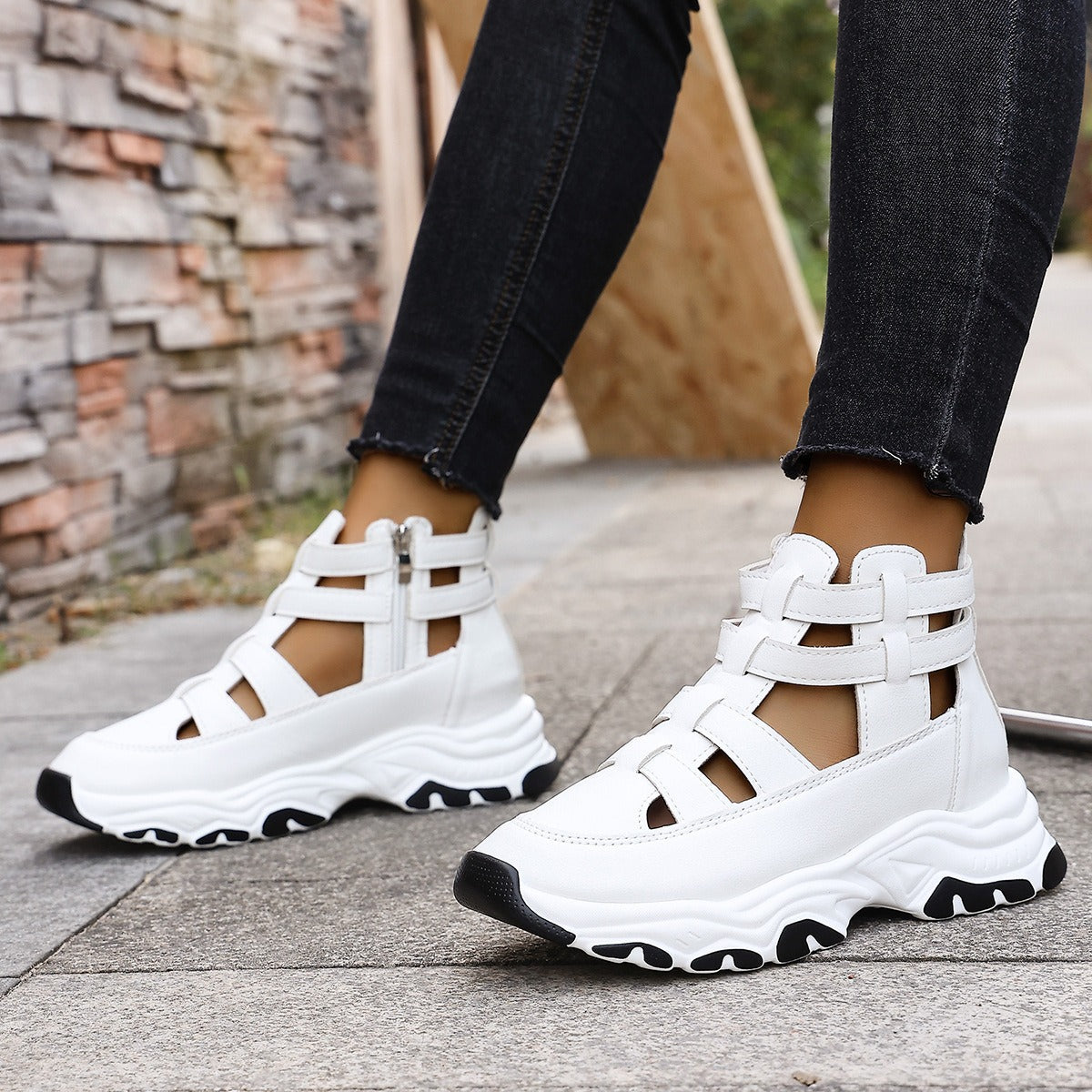 Jade sneaker-inspired closed-toe platform sandals with cushioned sole and zip closure
