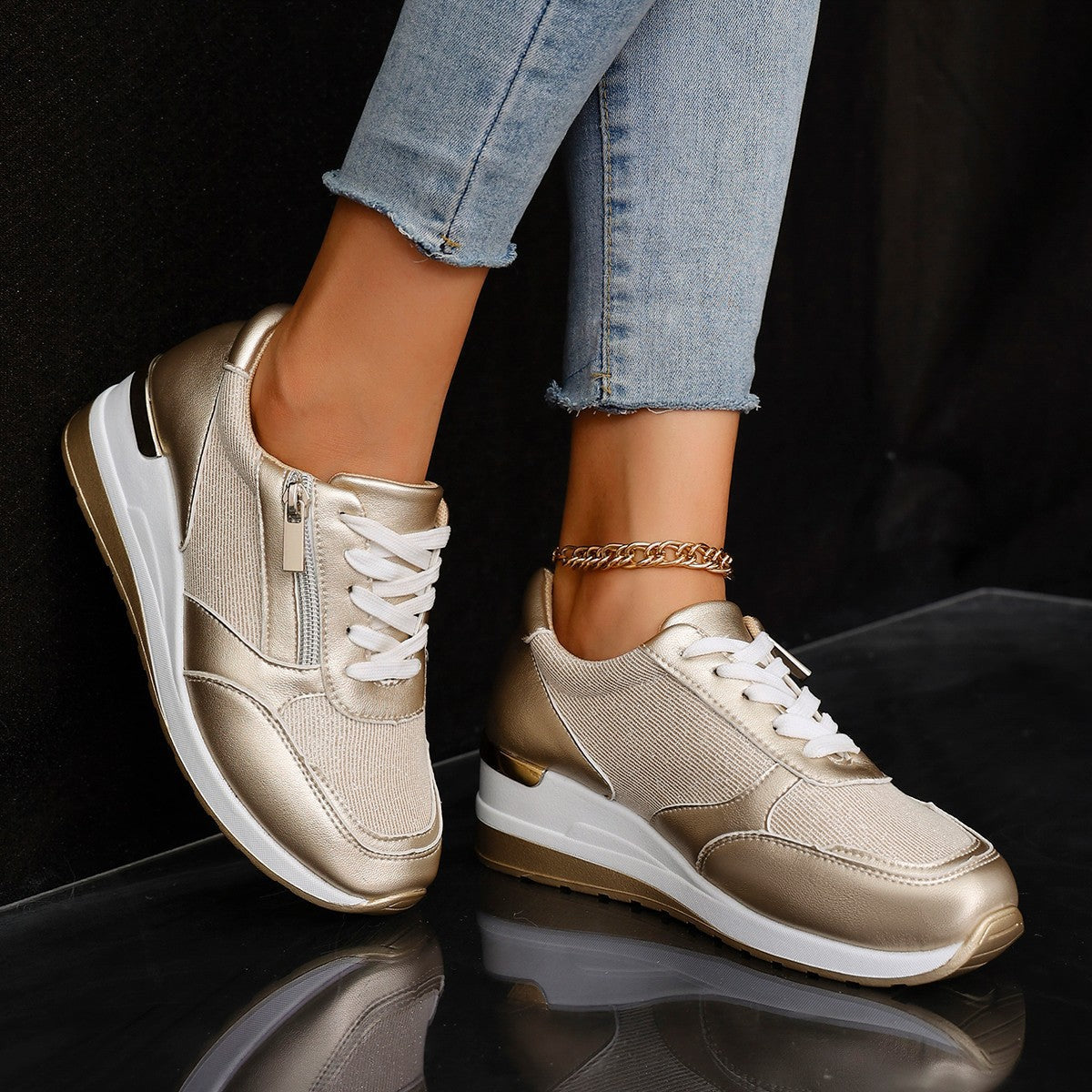 Metallic hidden wedge lace-up sneakers with side zipper in silver, gold and pink