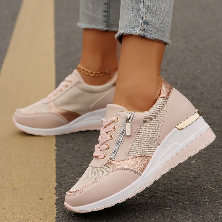 Metallic hidden wedge lace-up sneakers with side zipper in silver, gold and pink