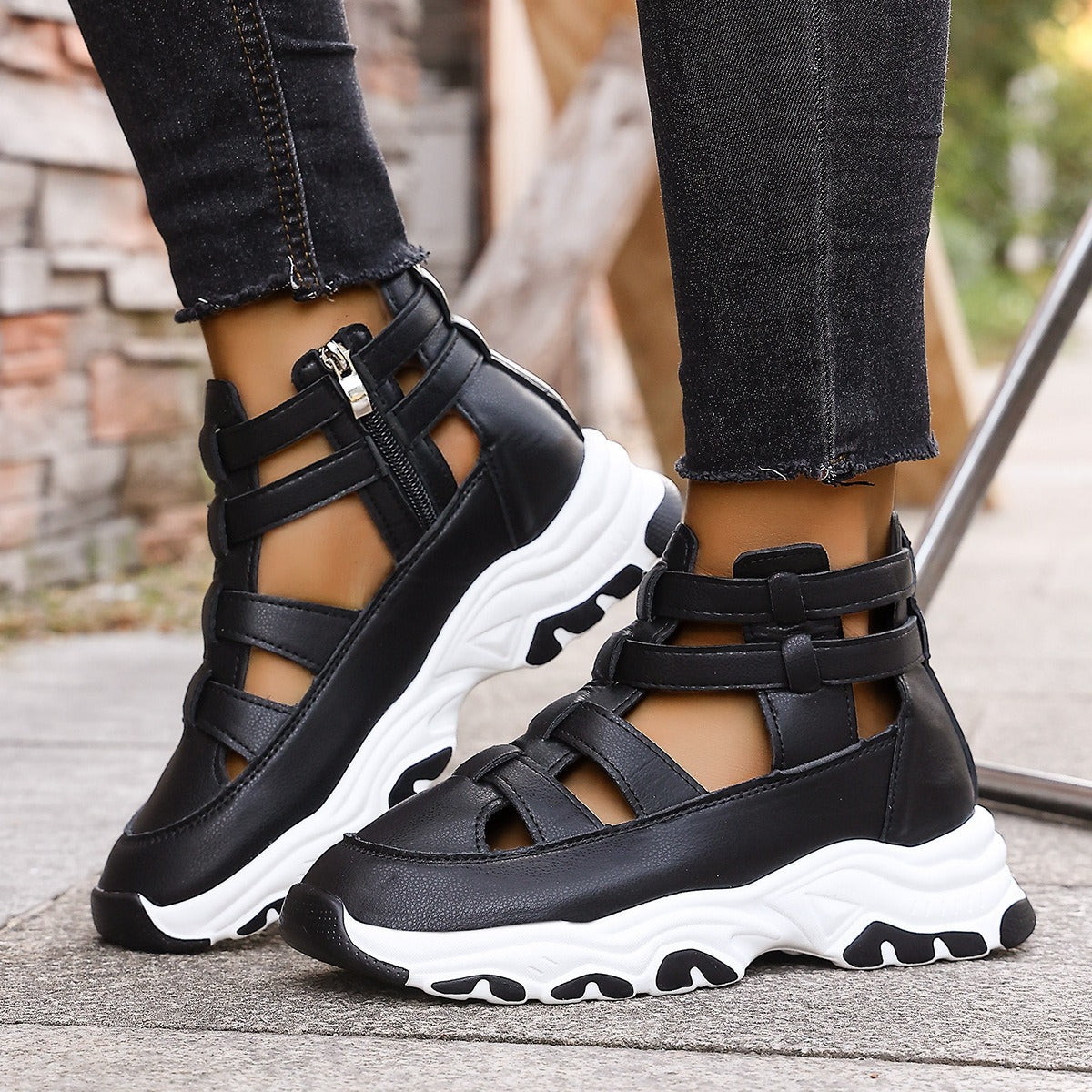 Jade sneaker-inspired closed-toe platform sandals with cushioned sole and zip closure