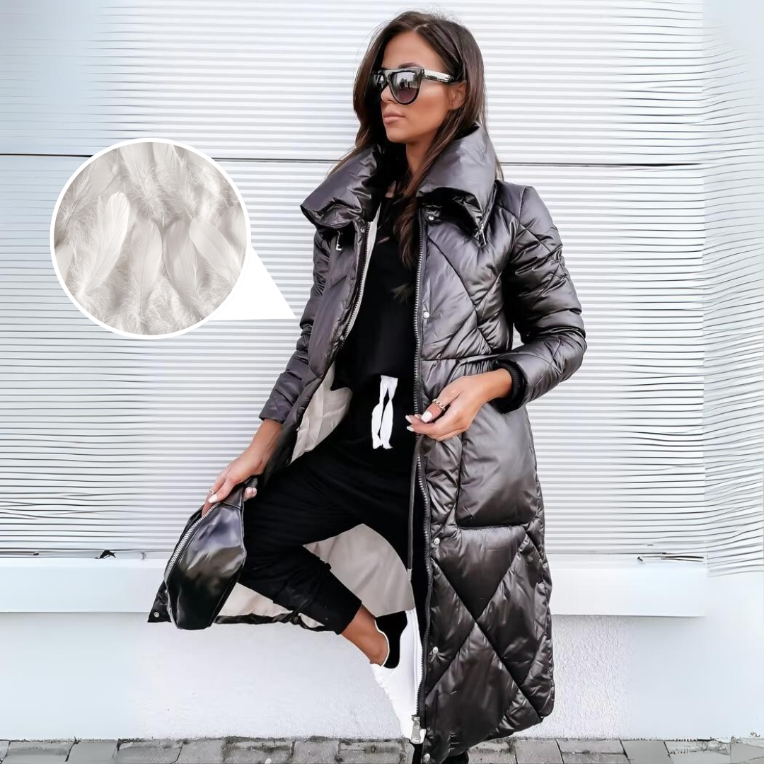 Josephine elegant tailored long winter coat in black, shown on a woman