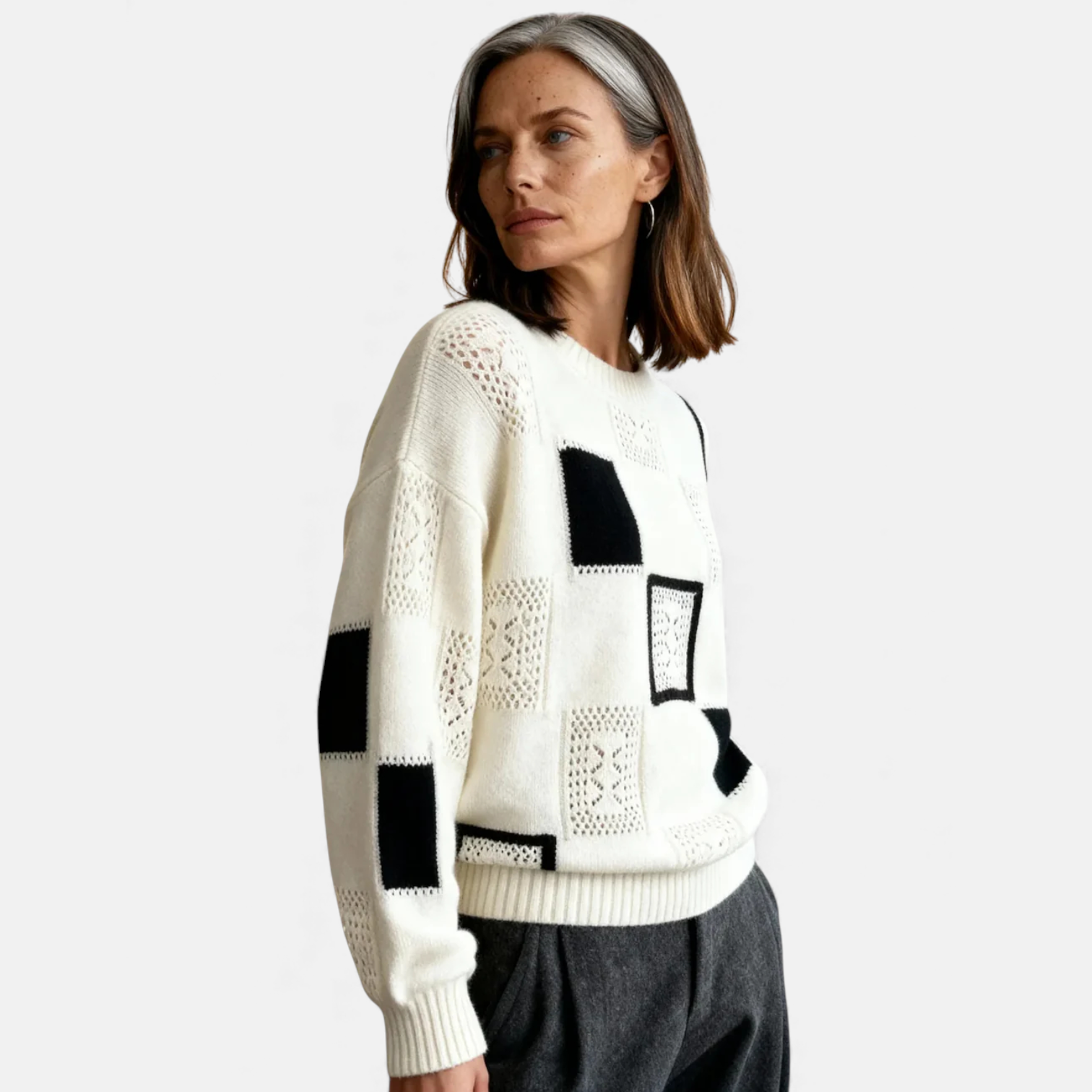 Alica elegant cozy knit sweater shown in white, black and yellow
