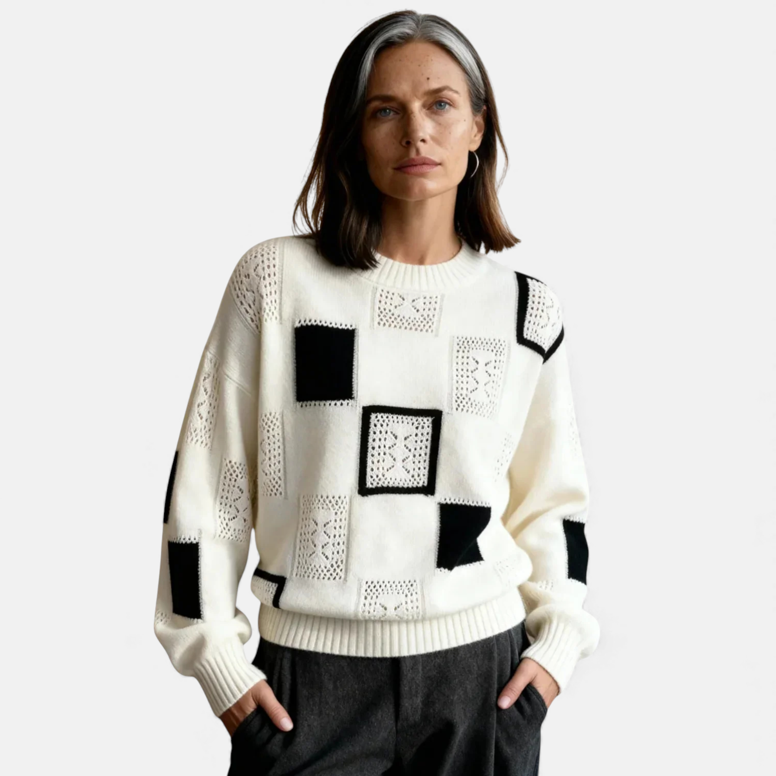 Alica elegant cozy knit sweater shown in white, black and yellow