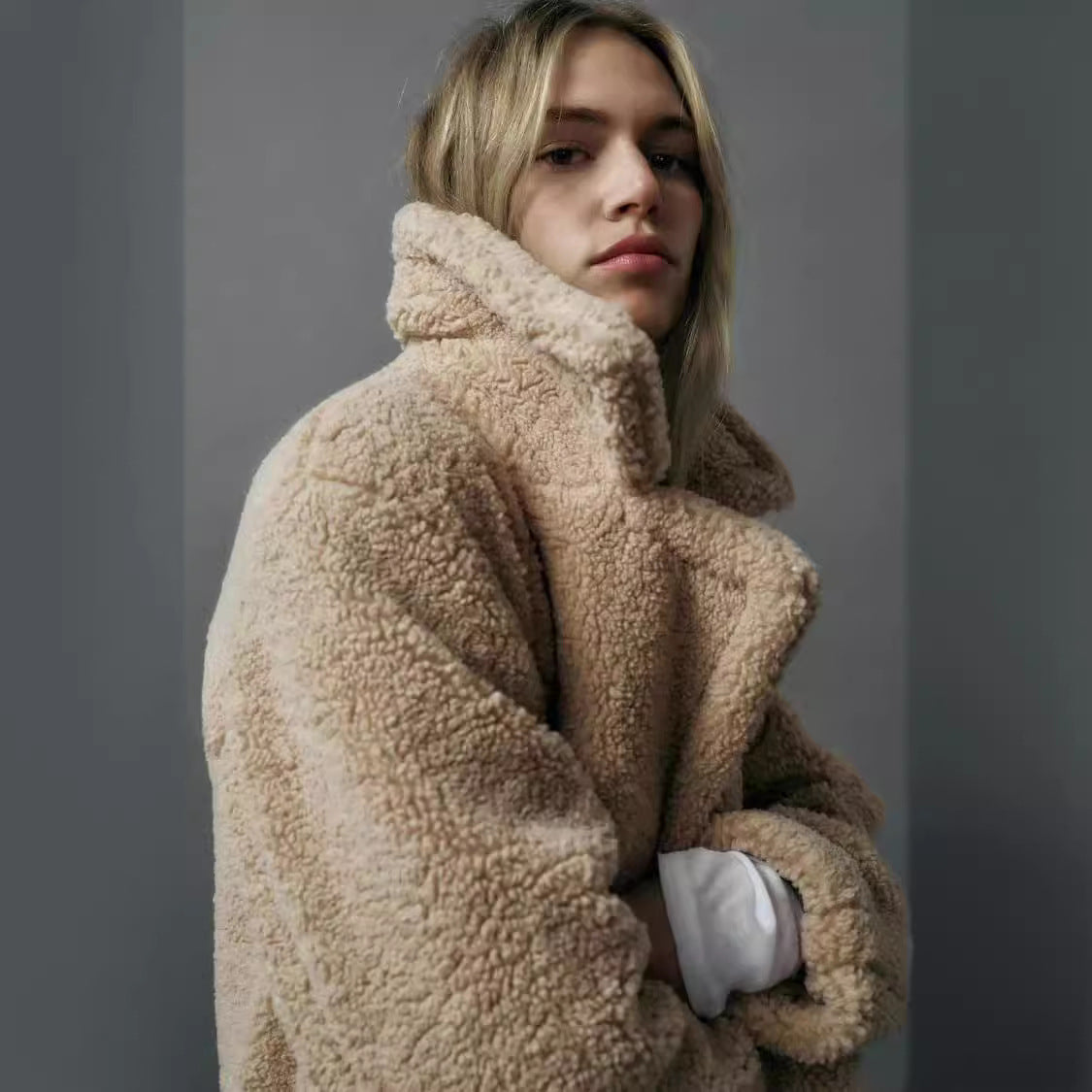 Isadora luxe teddy overcoat in beige, tailored fit for warm winter layering