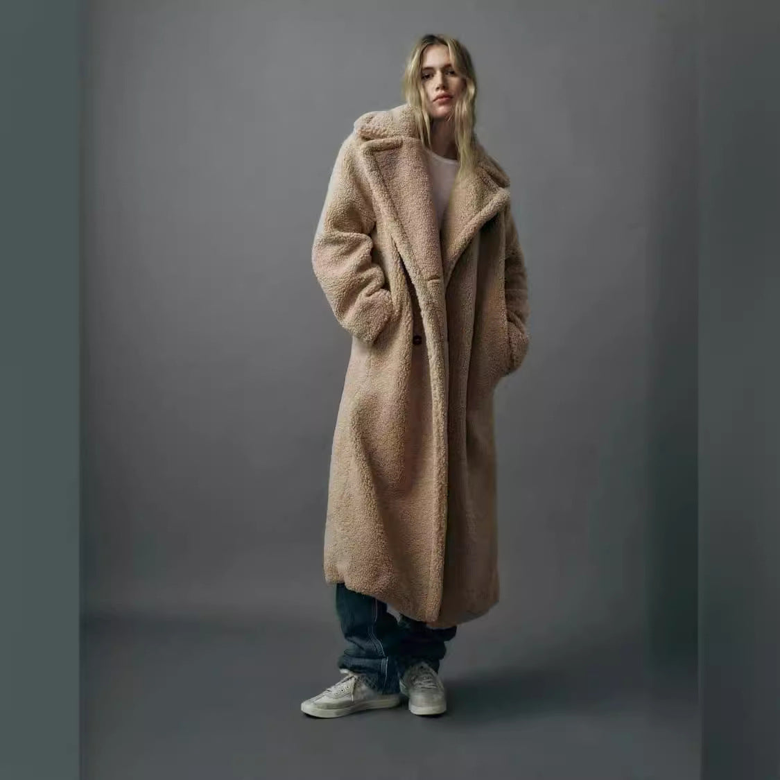 Isadora luxe teddy overcoat in beige, tailored fit for warm winter layering