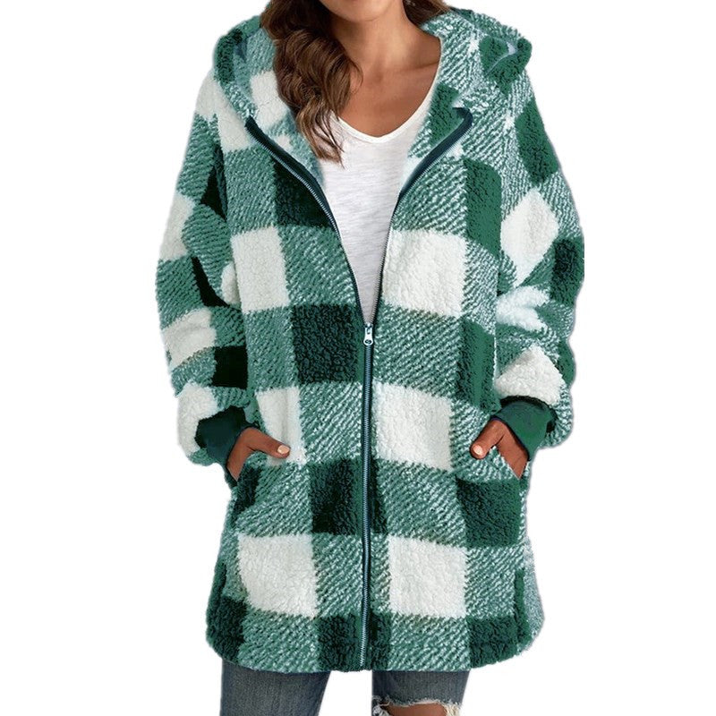 Arabella plaid fleece coat shown in multiple colours, tailored cozy winter outerwear