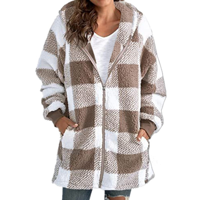 Arabella plaid fleece coat shown in multiple colours, tailored cozy winter outerwear