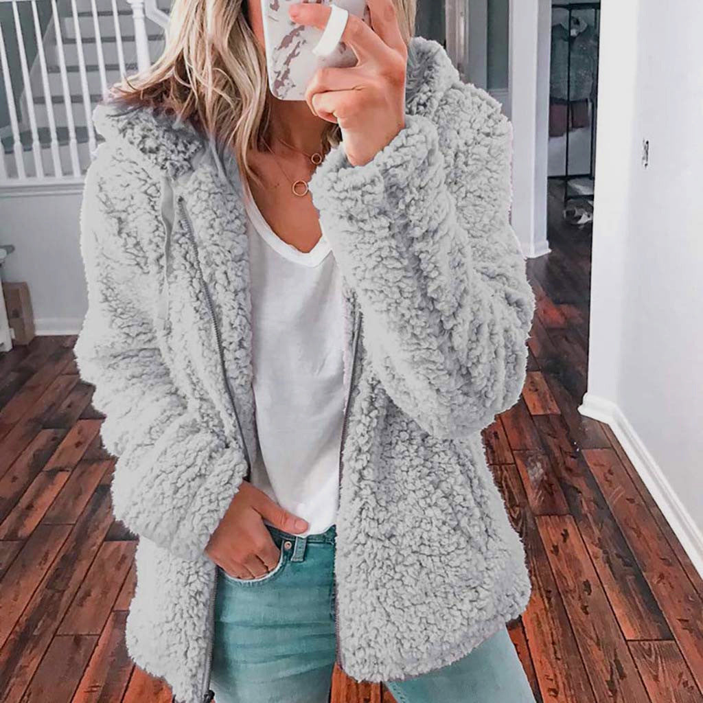 Raina hooded sherpa coat in plush teddy fleece with relaxed long-line fit