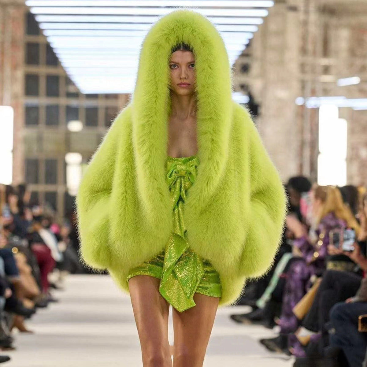 Stella hooded faux fur coat shown in green, brown, rose red and red